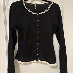 Black Lace Button-Up Top with White Trim